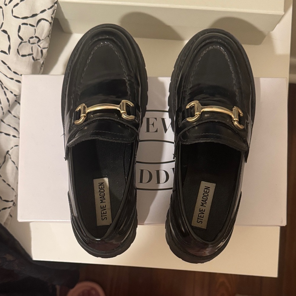 Steve Madden Black Patent Loafers with Gold Horsebit